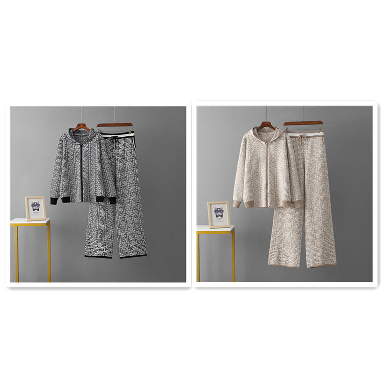 Women's Casual Fashion Zipper Coat & Trousers Knitting Suit