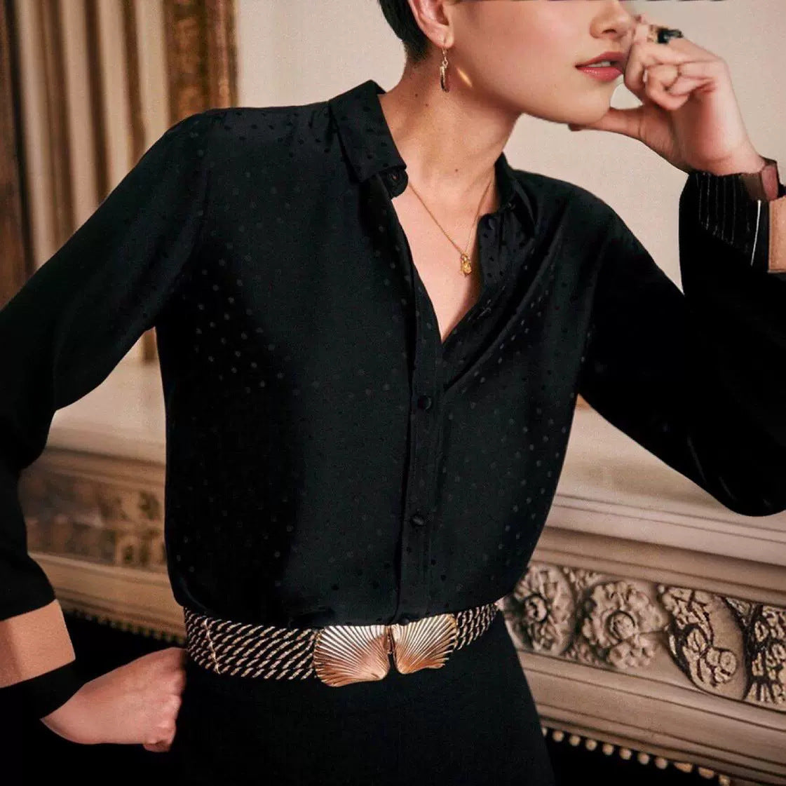 Chemise à manches longues en crêpe satin soyeux, ample et décontractée, style minorité française, revers brillant