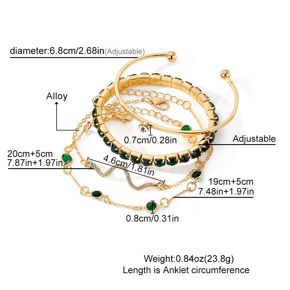 Conjunto de 4 piezas de pulsera elástica de diamantes verdes de moda para mujer