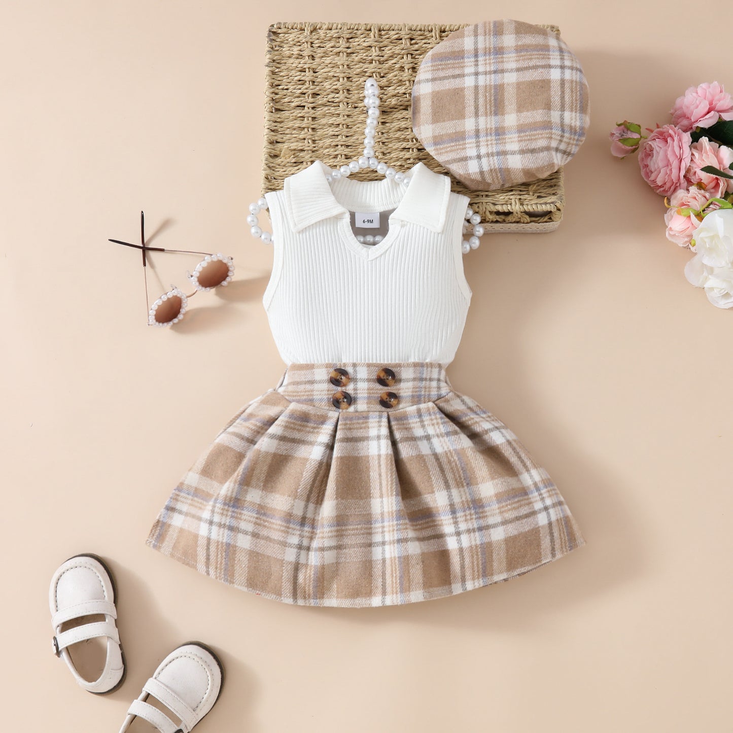 Ensemble jupe et béret à carreaux pour fille
