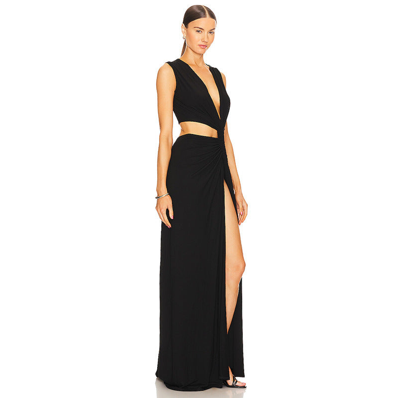 Robe moulante ajourée à col en V profond et couleur unie pour femme