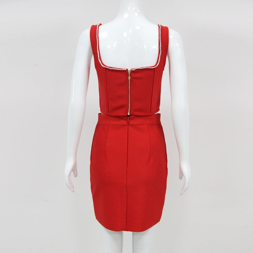 Robe de soirée sexy en deux pièces avec jupe bandage taille haute et bretelles fines