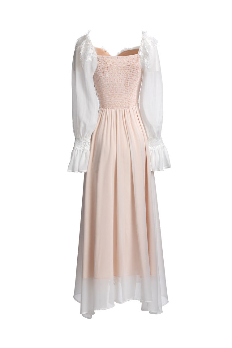 Robe coupe ajustée en maille douce et dentelle épissée de tempérament français