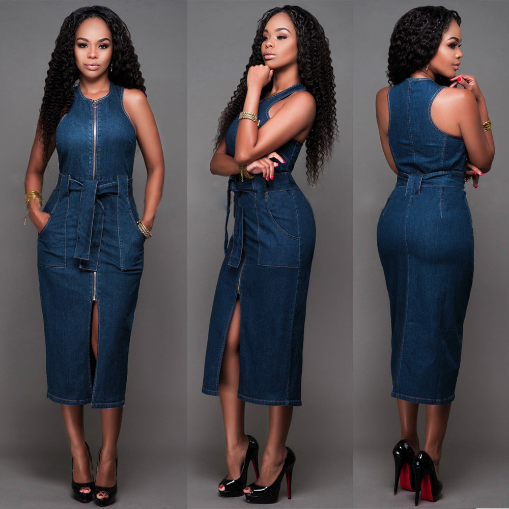 Robe moulante en jean sans manches à la mode, jupe mi-longue