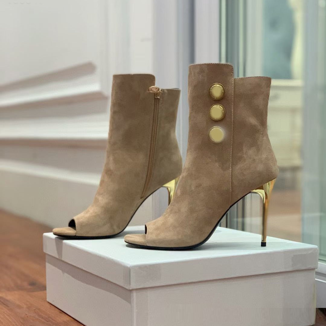 Nuevos botines con hebilla redonda de metal Boca de pescado Zapatos de mujer súper Stiletto