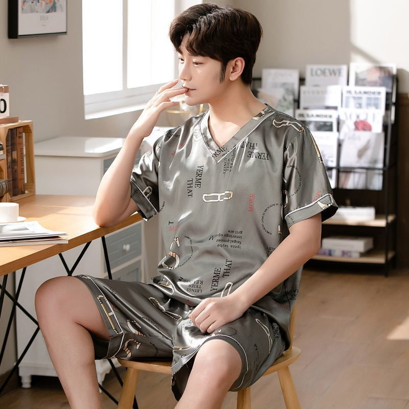 Pijamas para hombre de talla grande, talla grande, verano, cuello en V, seda de hielo, finos, para uso diario, para el hogar, tallas grandes, tallas grandes