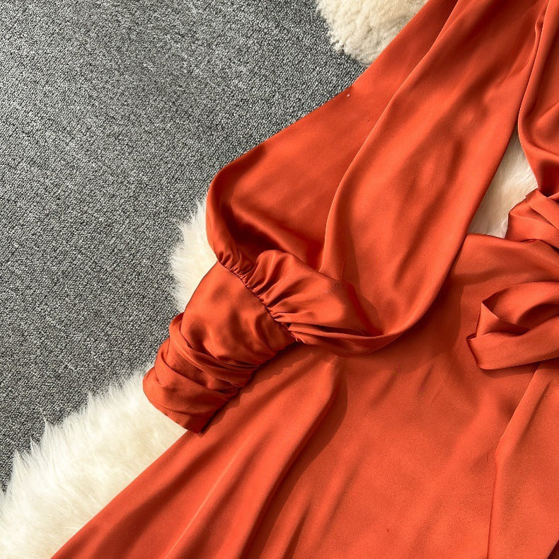 Vestido de falda de traje irregular con volantes y ribete de cintura con cordones de manga larga