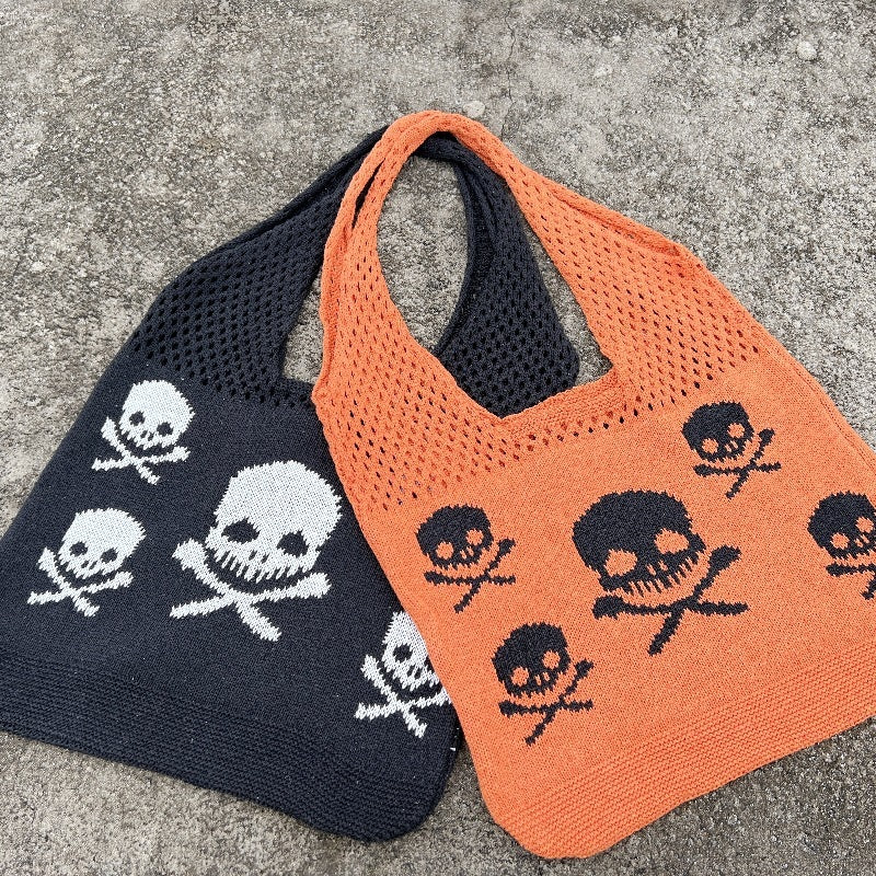 Sac à bandoulière tricoté motif tête de mort pour Halloween, sacs de courses amusants et creux pour femmes