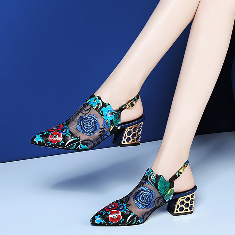 Chaussures à talons hauts tendance pour femmes, broderie en maille