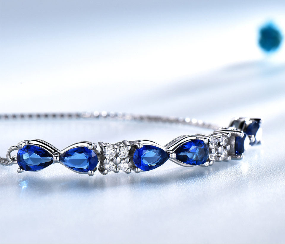 Pulsera ajustable de plata de ley S925 con zafiro azul y cadena de caja para mujer