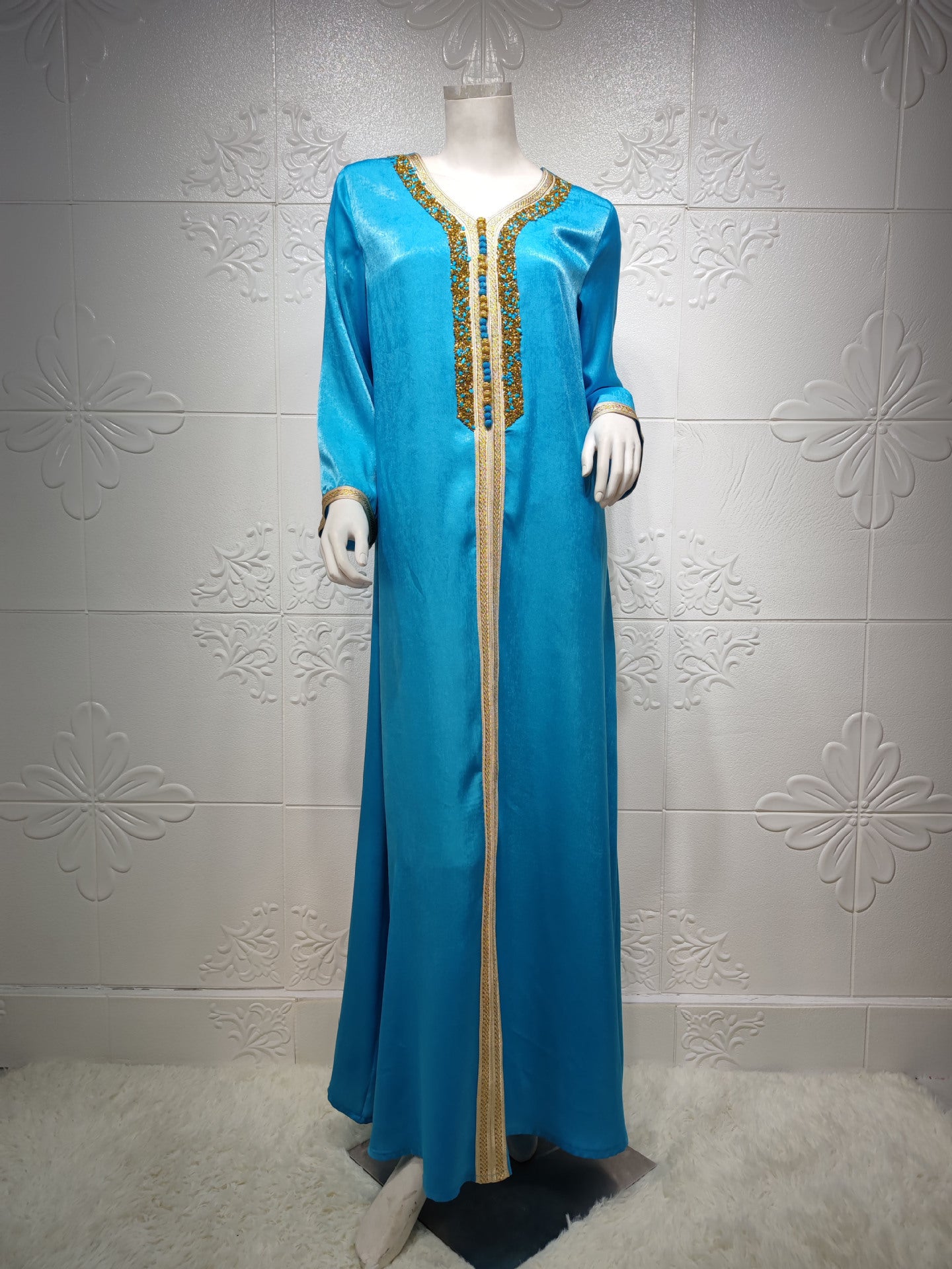 Vestido con cinta de diamantes calientes y encaje estilo musulmán de Dubái
