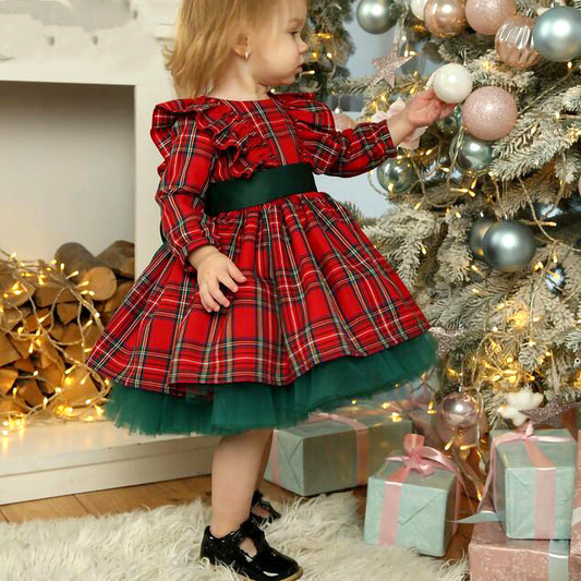 Robe de Noël rouge à carreaux et nœud pour fille