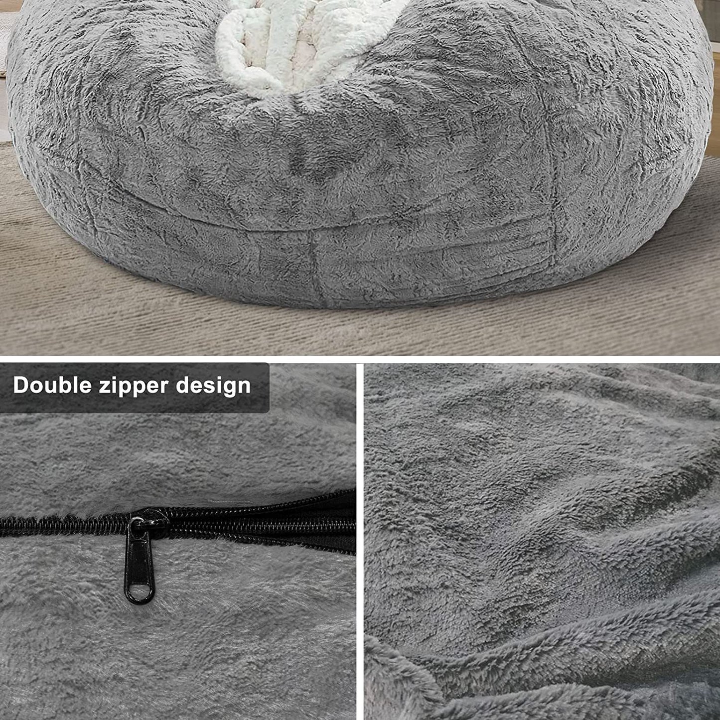 Funda para sillón tipo puf, solo era una funda, grande, redonda, suave y esponjosa, funda para sofá cama perezosa, 6 pies, gris claro