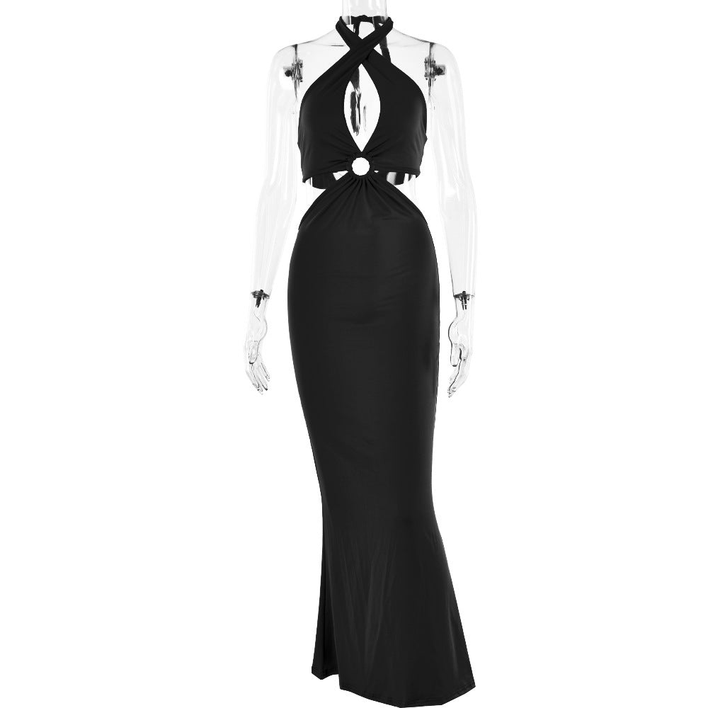 Sexy Fashion Stitching Halter Strap Backless Dress