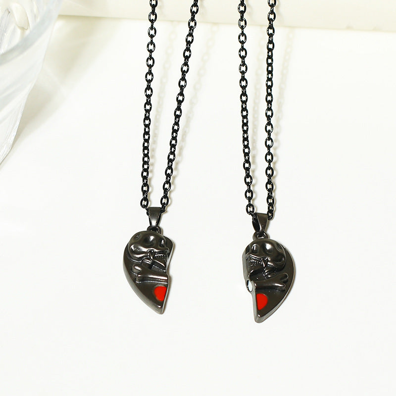 Collier avec pendentif tête de mort punk rétro pour Halloween, en forme de cœur, avec coutures magnétiques, pour couple