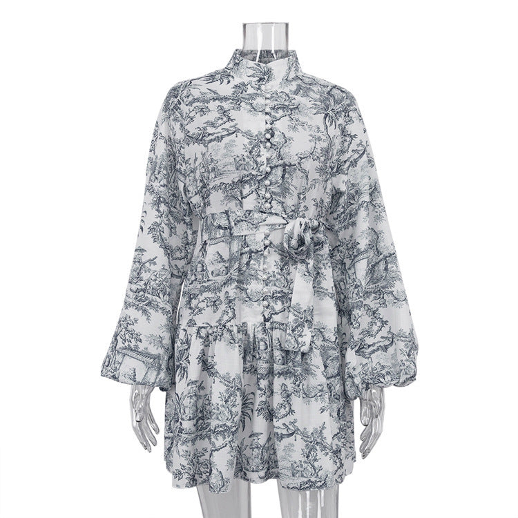 Robe courte à manches longues et imprimé encre, avec manches bouffantes tendance, cravate à revers, coupe trapèze