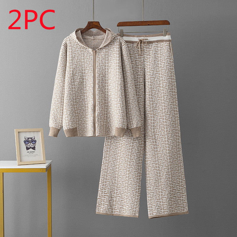Women's Casual Fashion Zipper Coat & Trousers Knitting Suit