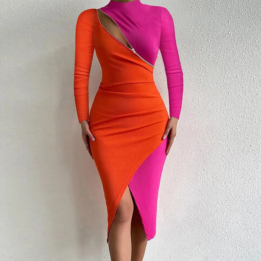 Robe moulante à taille haute et manches longues avec fermeture éclair