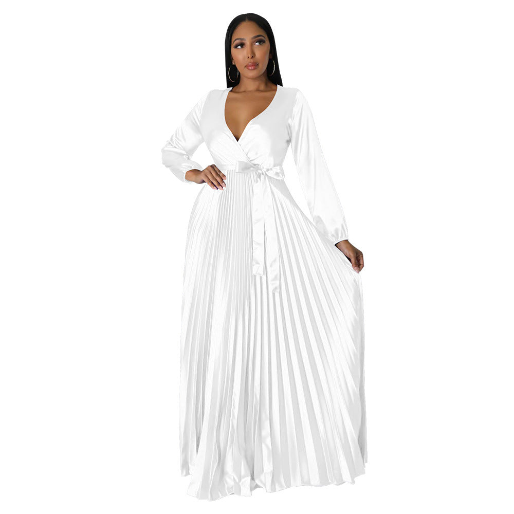 Robe plissée à manches lanternes pour femme