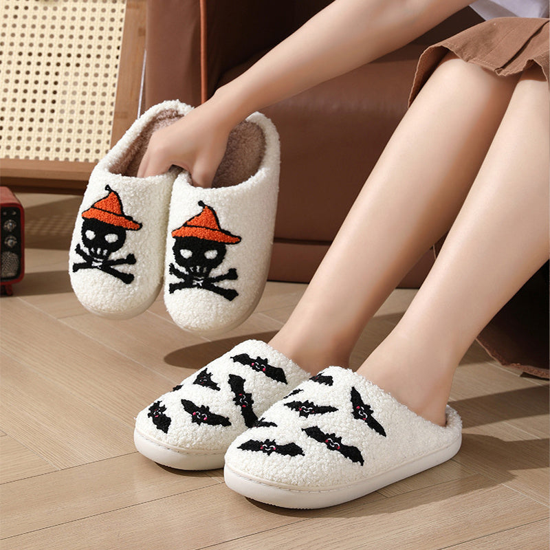 Chaussons d'hiver chauds pour femme, motif tête de mort et rose, idéal pour l'intérieur ou la chambre à coucher