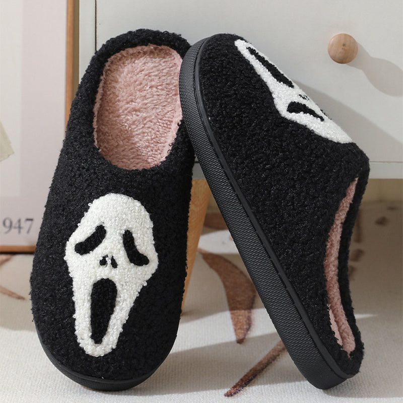 Chaussons d'hiver chauds à imprimé tête de mort pour Halloween, pantoufles d'intérieur en coton pour hommes et femmes