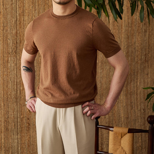 Camiseta de manga corta con cuello redondo y algodón tencel transpirable de verano para hombre