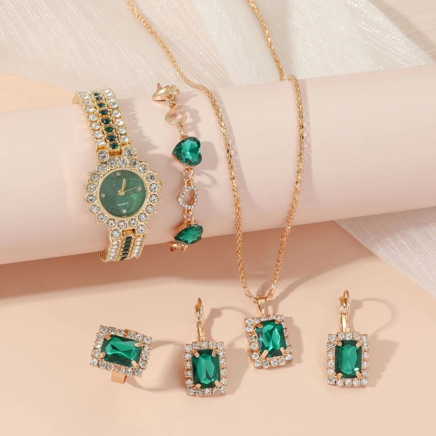 Reloj verde pequeño popular para mujer, correa de acero, reloj de cuarzo, anillo, juego de regalo en caja, juego de cinco piezas