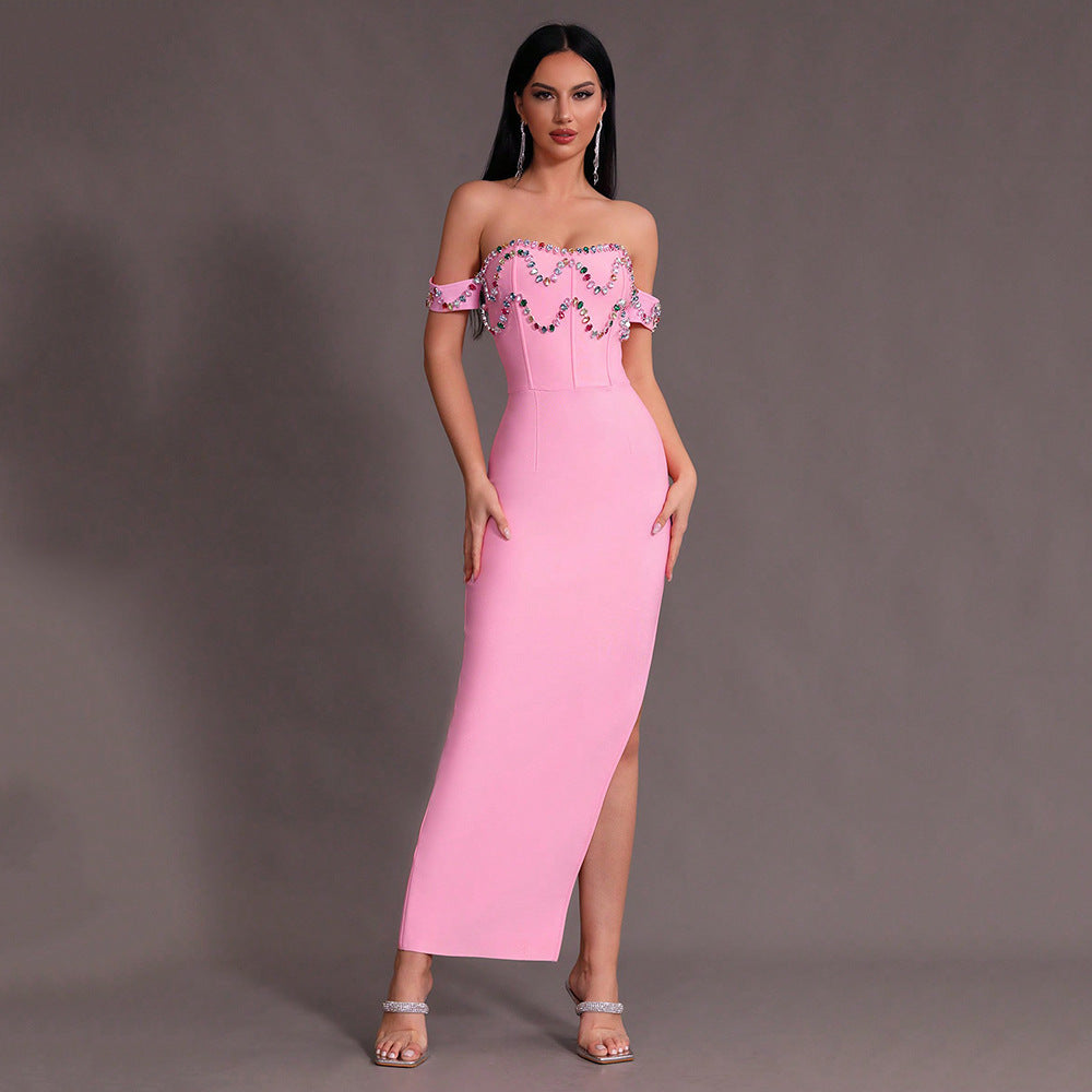 Off-shoulder Sexy Colorful Crystal Diamond Split Tight Stretch Long Dress