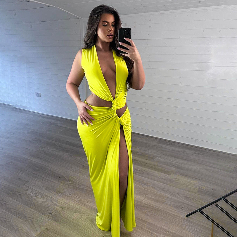 Robe moulante ajourée à col en V profond et couleur unie pour femme