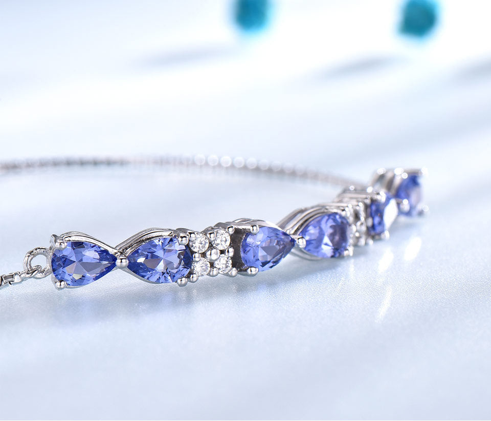 Pulsera ajustable de plata de ley S925 con zafiro azul y cadena de caja para mujer