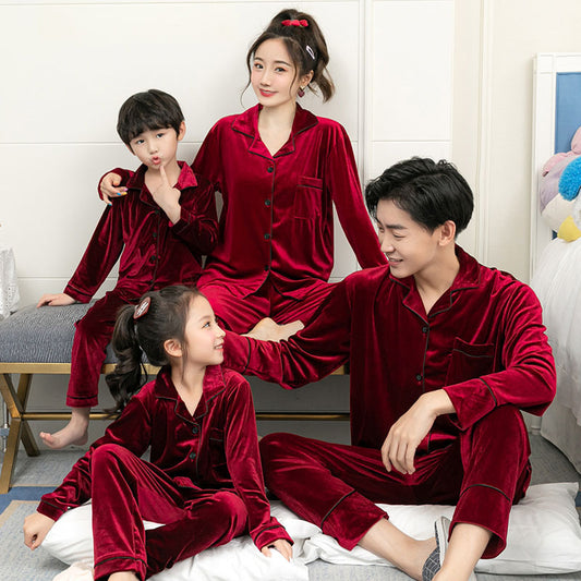 Pyjama parent-enfant simple en velours doré, couleur unie, grande taille