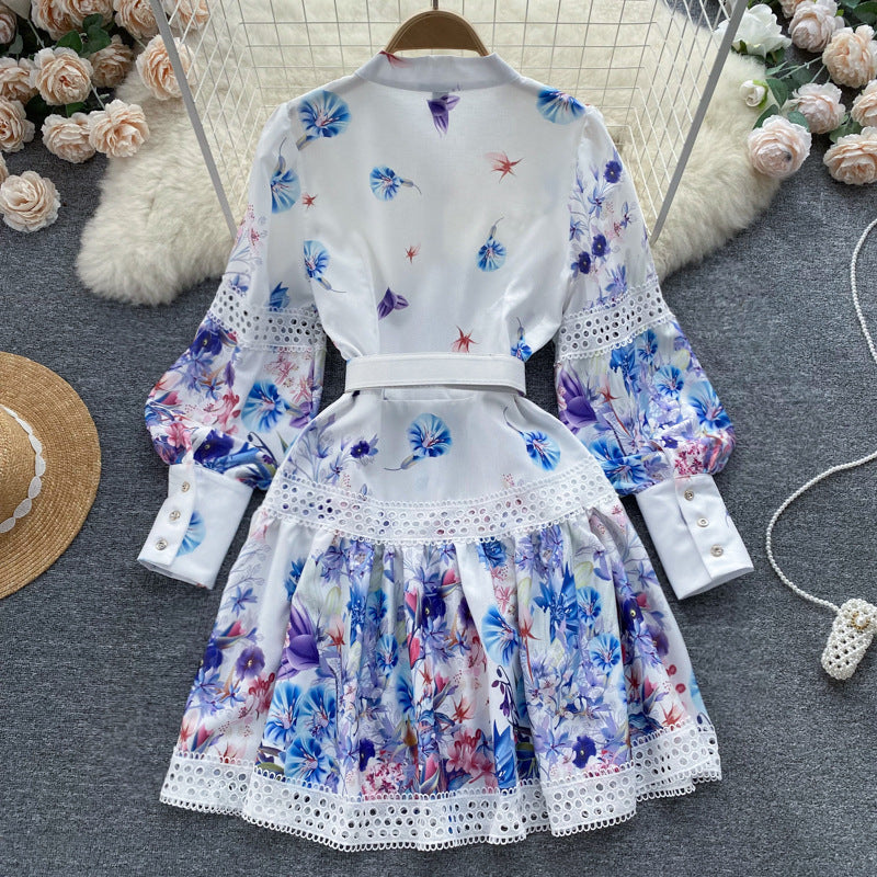 Ethnic Style Waist Slimming Hollow-out Elegant Long Sleeve Dress