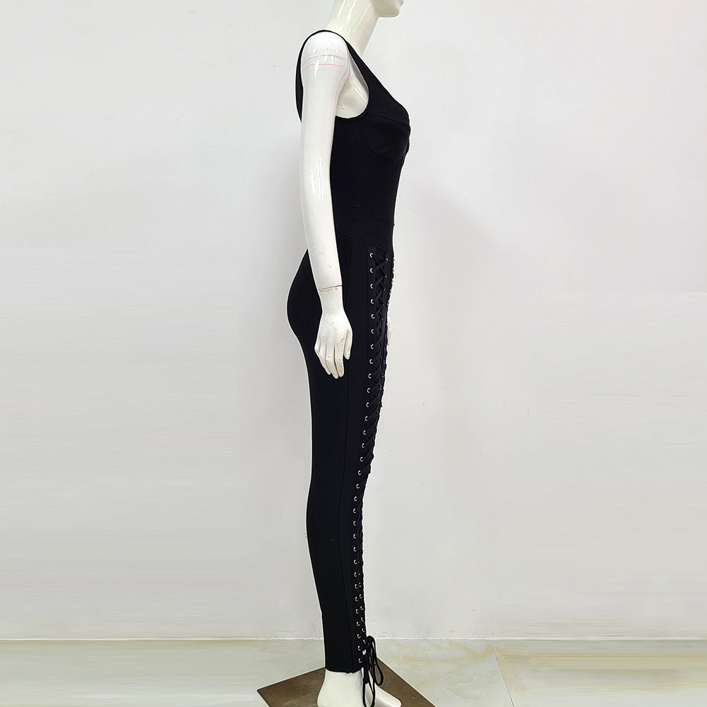 Combinaison bandage sexy taille haute sans manches à décolleté en V profond et extensible