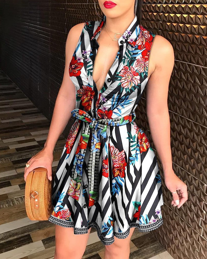 Robe imprimée sexy sans manches à col en V pour femme