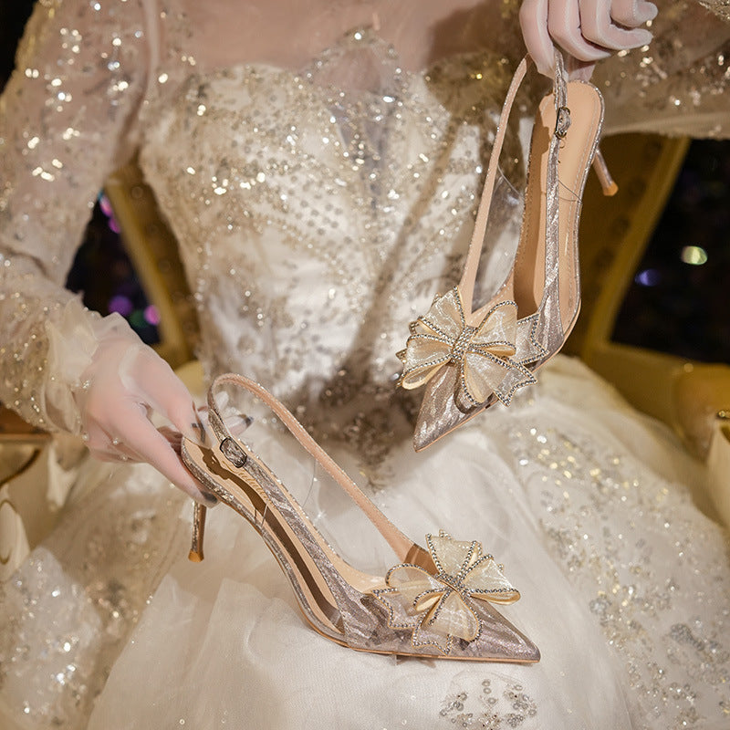 Tacones altos de cristal francés con lazo, zapatos de novia dorados con diamantes de imitación y punta puntiaguda