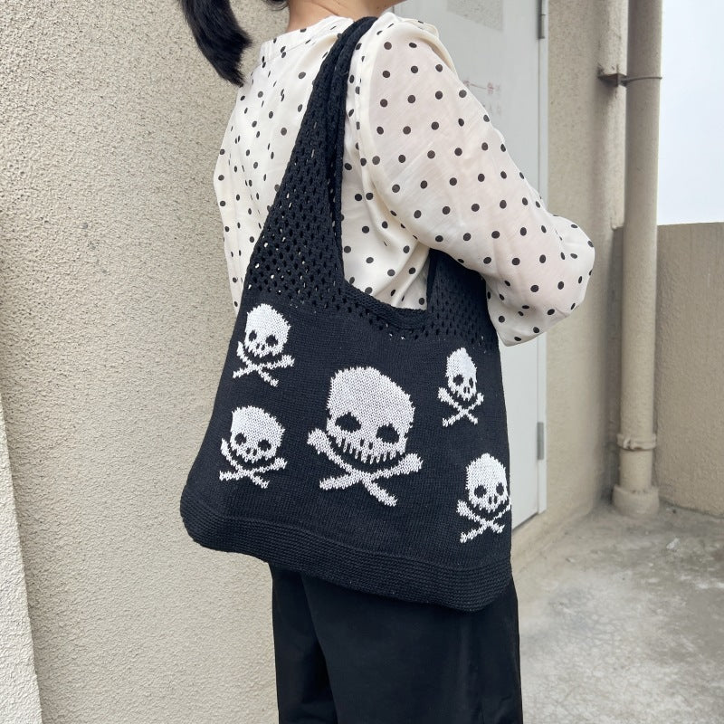 Sac à bandoulière tricoté motif tête de mort pour Halloween, sacs de courses amusants et creux pour femmes
