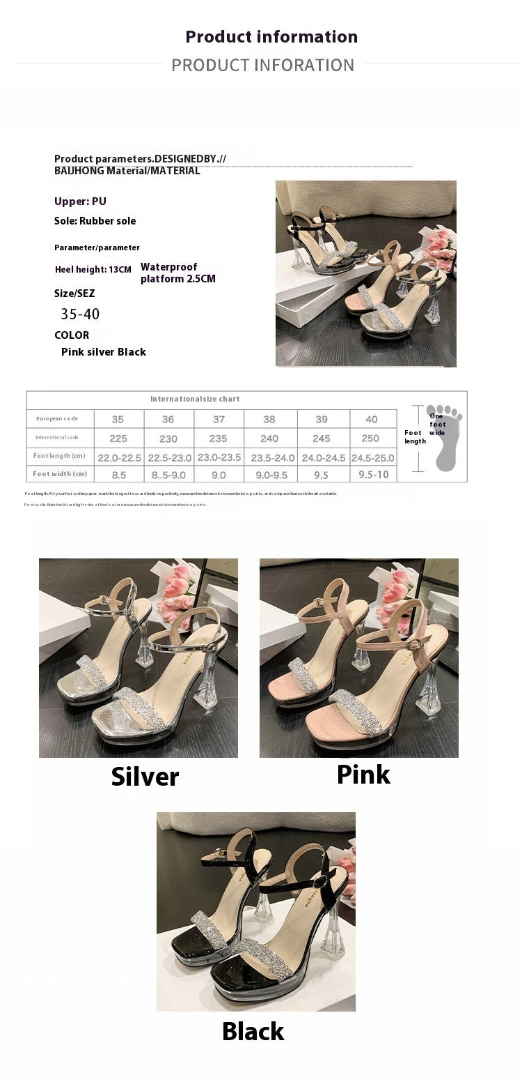 Sandales décontractées à talons épais et très hauts avec boucle et bride transparente et strass