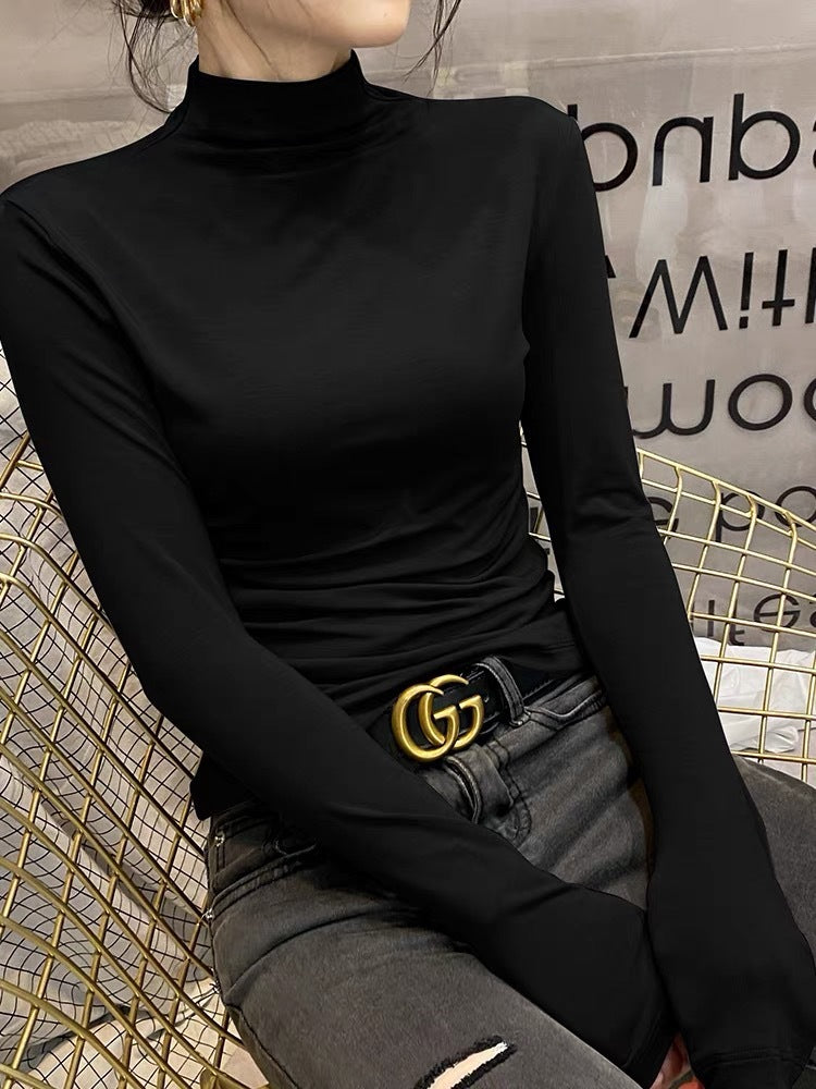 Chemise à col roulé et manches longues pour femme, en coton, avec fil intérieur