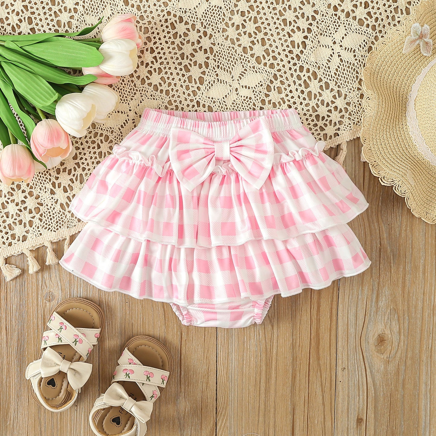 Ensemble trois pièces d'été pour fille avec t-shirt et jupe courte à carreaux