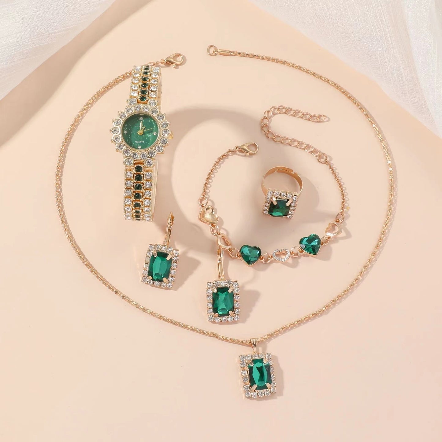 Reloj verde pequeño popular para mujer, correa de acero, reloj de cuarzo, anillo, juego de regalo en caja, juego de cinco piezas