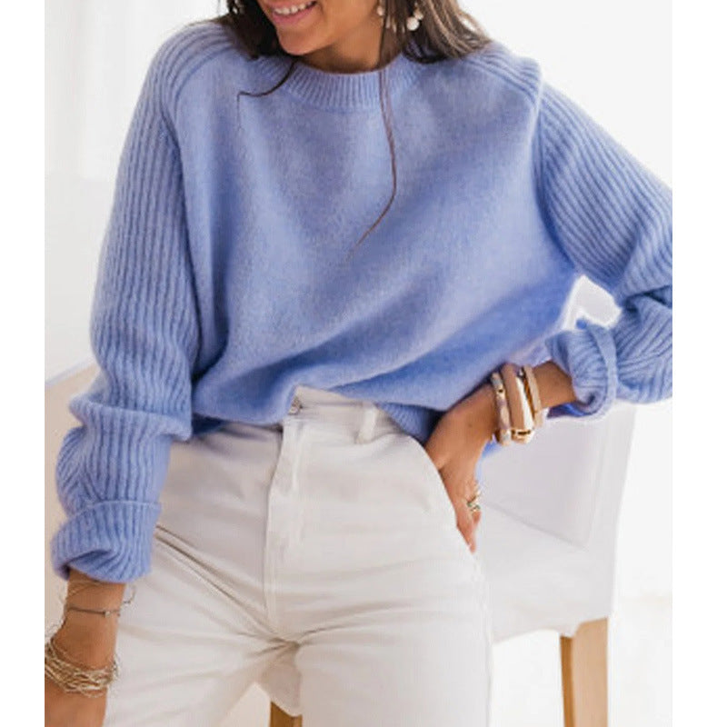 Pull en velours côtelé Bedford bleu lait européen pour femme, col rond, manches longues, tricot décontracté, vêtements d'extérieur tendance