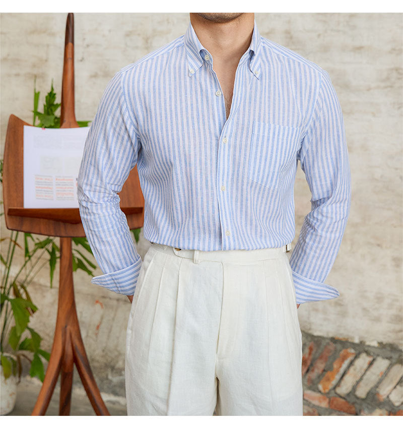 Robe à rayures style petite bourgeoisie, chemise à manches longues en coton et lin