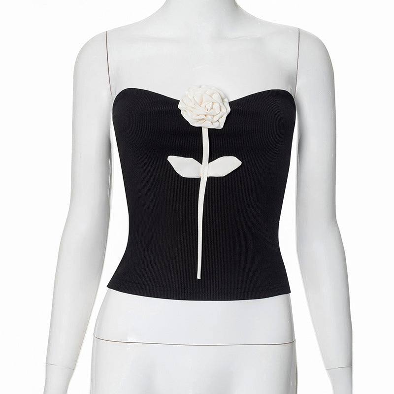 European And American Niche Three-dimensional Flower Decoration Sexy Short Tube Top