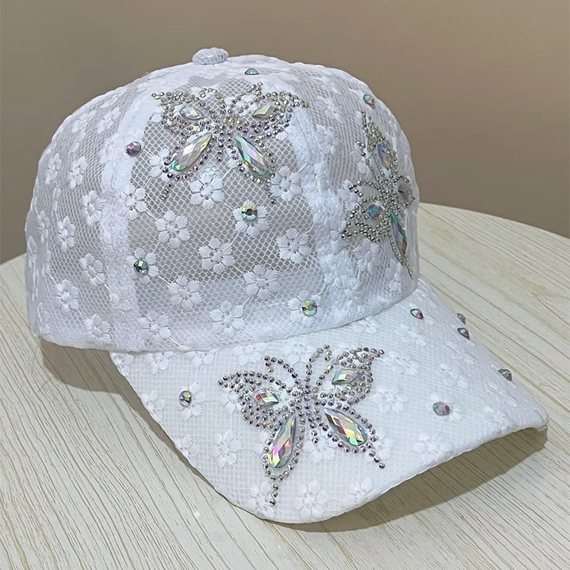 Gorra de béisbol con encaje, flores pequeñas, mariposas y diamantes de imitación para mujer