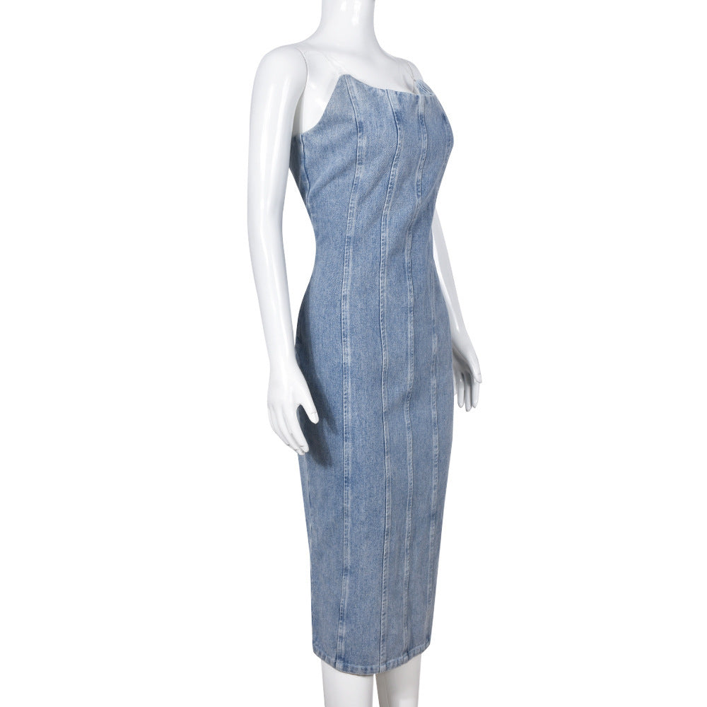 Robe tube en jean à coutures tendance et coupe slim pour femme