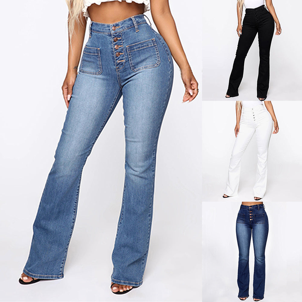 European And American New Style Ladies Buttoned Patch Pockets Washed Trousers Jeans