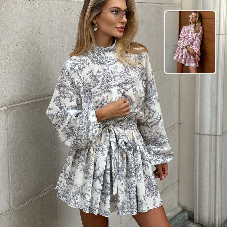Robe courte à manches longues et imprimé encre, avec manches bouffantes tendance, cravate à revers, coupe trapèze