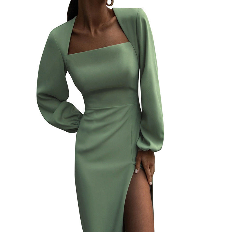 Robe élégante rétro décontractée à manches longues de couleur unie