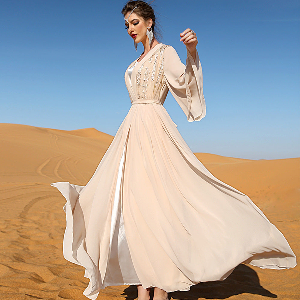 Robe d'extérieur tendance en mousseline beige à double épaisseur