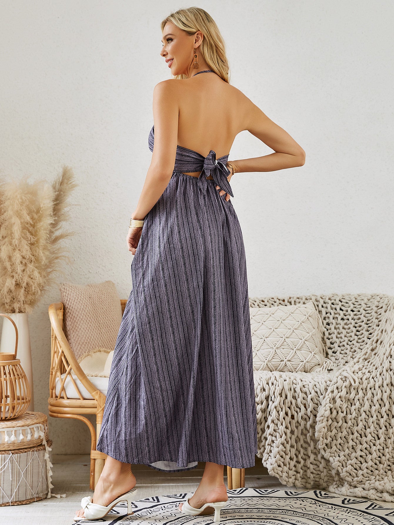 Robe longue bohème dos nu - Robe de plage fluide sans manches pour femme